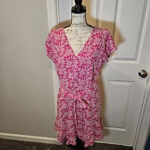 NWT! LOFT Fuchsia and White Embroidered Dress Knee-length Cap Sleeve Sz 14